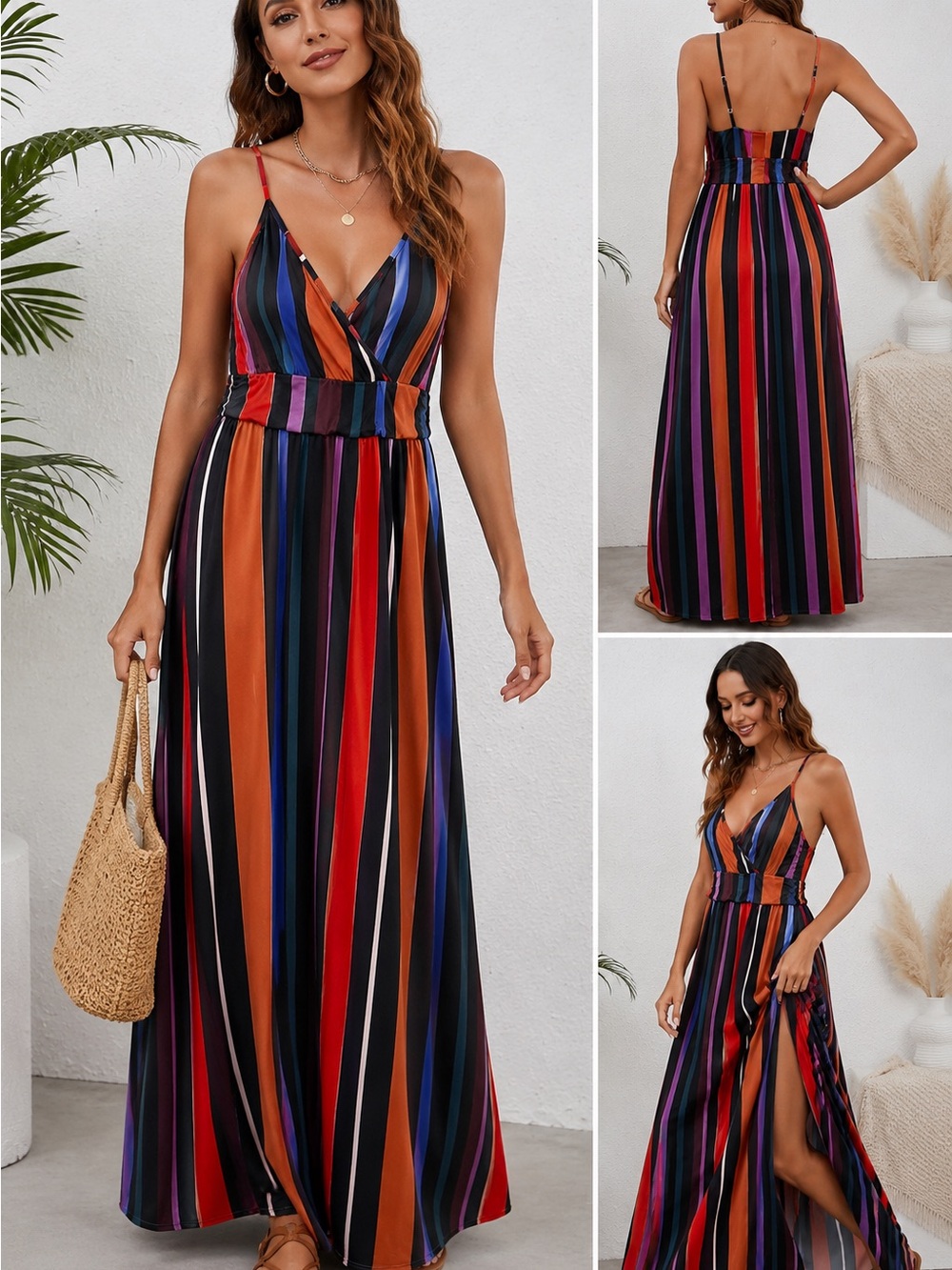 Newshows NWT Multicolor Striped Faux Wrap Maxi Dress Spaghetti Strap Large